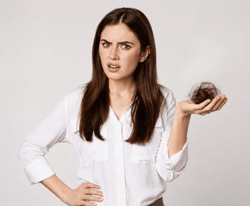 Woman holding a clump of shed hair before a hair loss evaluation